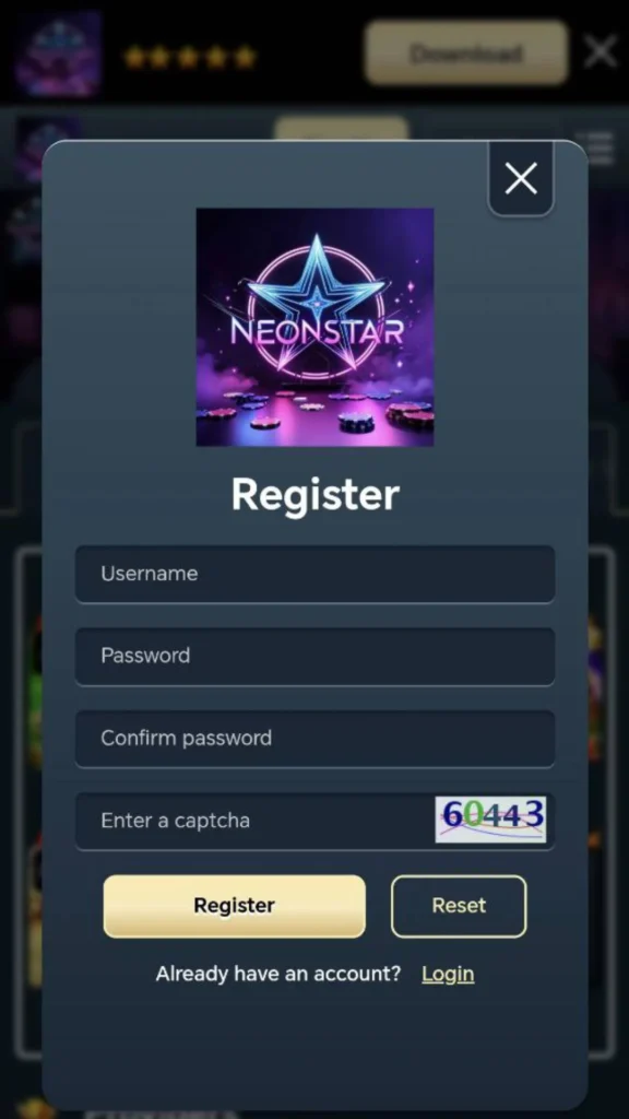NeonStar Casino Registration Page Preview